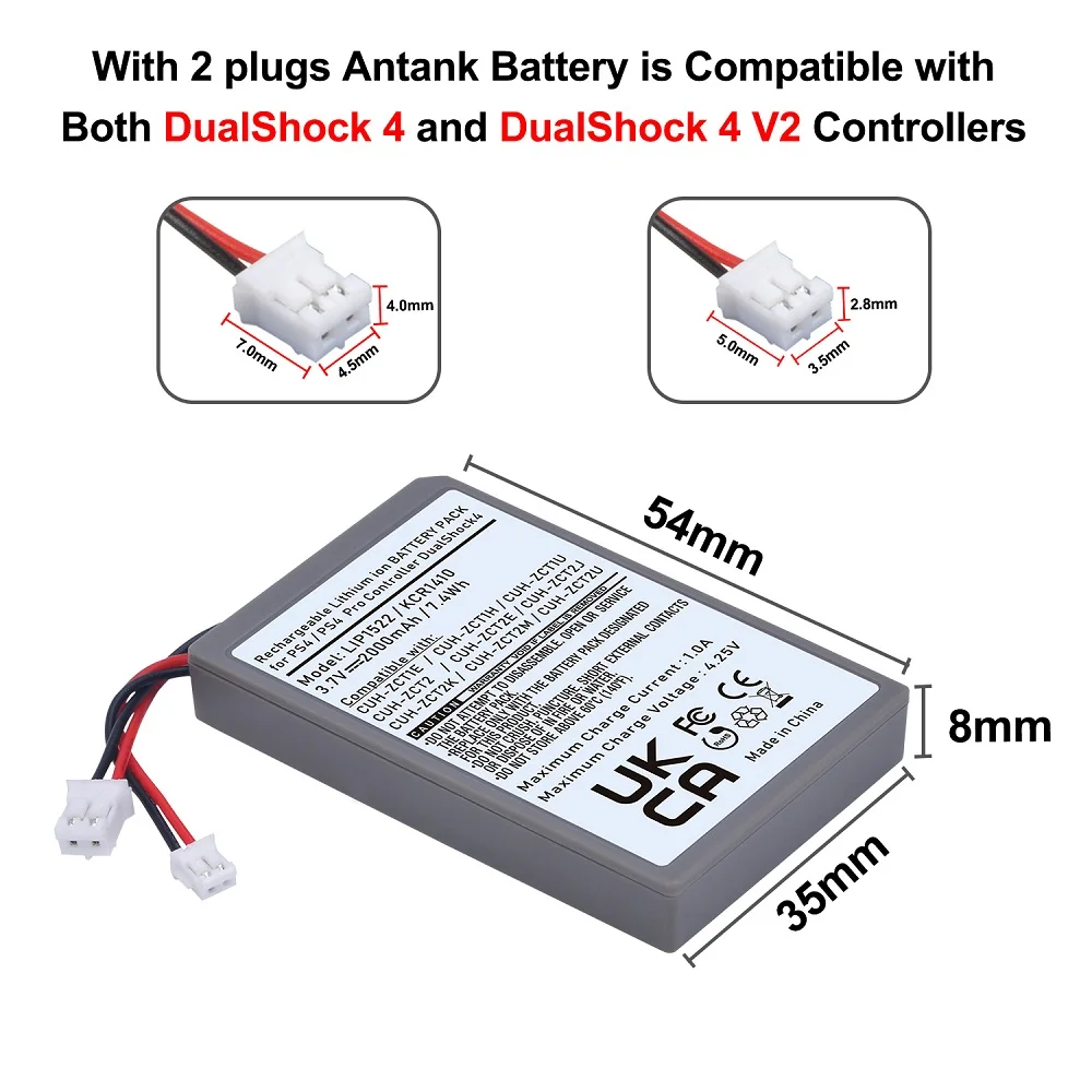 LIP1522/ KCR1410 Battery (2 Plug) Both Compatible with Sony PS4 CUH-ZCT1E, PS4 Slim/Pro CUH-ZCT2 Wireless Dual Shock Controller