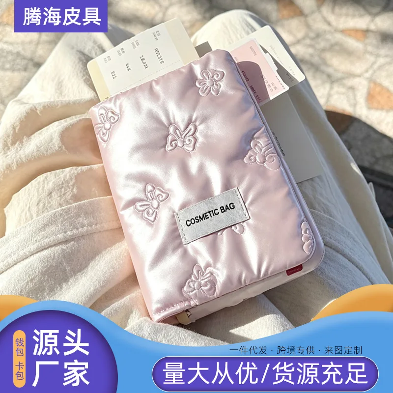 Girl Pink Butterfly Embroidered Passport Cover Light Luxury Silk Passport Clip Travel Document Bag