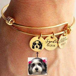 Personalized Photo Name Stainless Steel Round Pendant Charms Tag Bracelets & Bangles for Women Men Jewelry Gift 