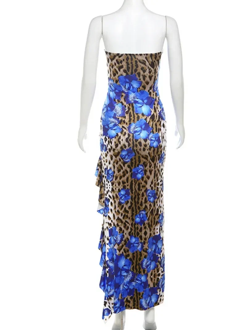 Vestidos florales azules sin tirantes para mujer, ropa Sexy con estampado de leopardo, abertura alta, volantes, sin mangas, Vestido largo de fiesta de noche