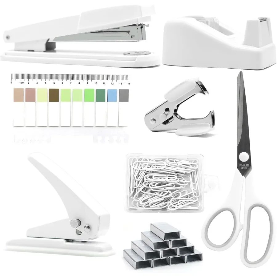 

White Desk Accessories White Office Supplies Large Stapler and Tape Dispenser Set White Desk Accessory Kit Gift for Students Wo
