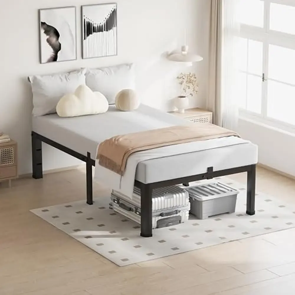 Heavy Duty Metal Platform Bed Frame Twin Size 3500Lbs Support Round Corner Legs Mattress Stopper No Squeak Black Steel Slats 14