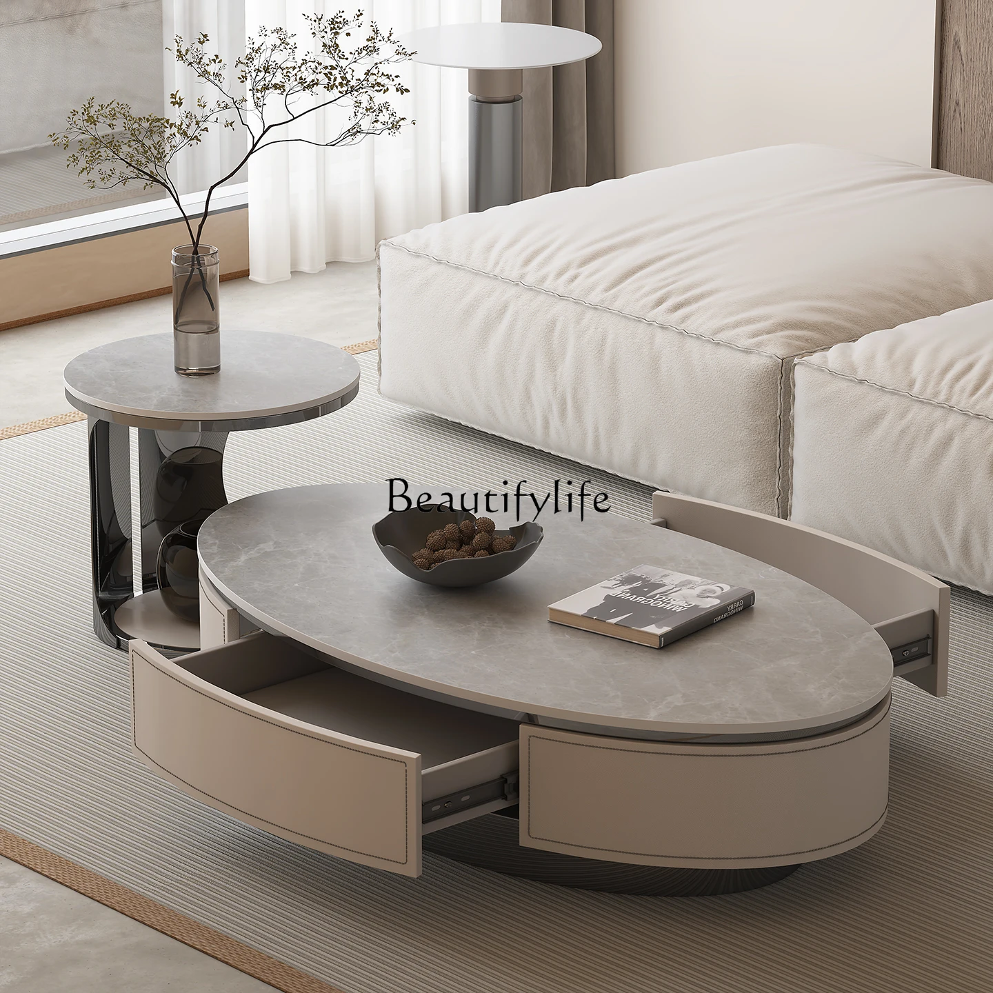 

Minimalist rock slab coffee table oval combination light luxury household small apartment coffee table