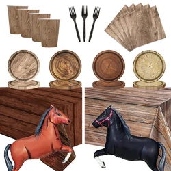Natrual Brown Wood Grain Plastic Tablecloth Paper Plates Foil Big Horse Balloon Rustic Western Barn Cowboy Birthday Party Decors