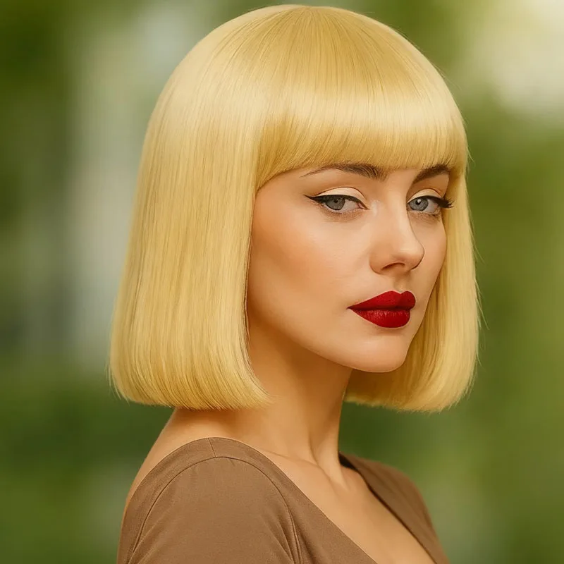 Elegant 12 inch gold synthetic wig with straight hair and bangs design, suitable for daily wear at fashion parties