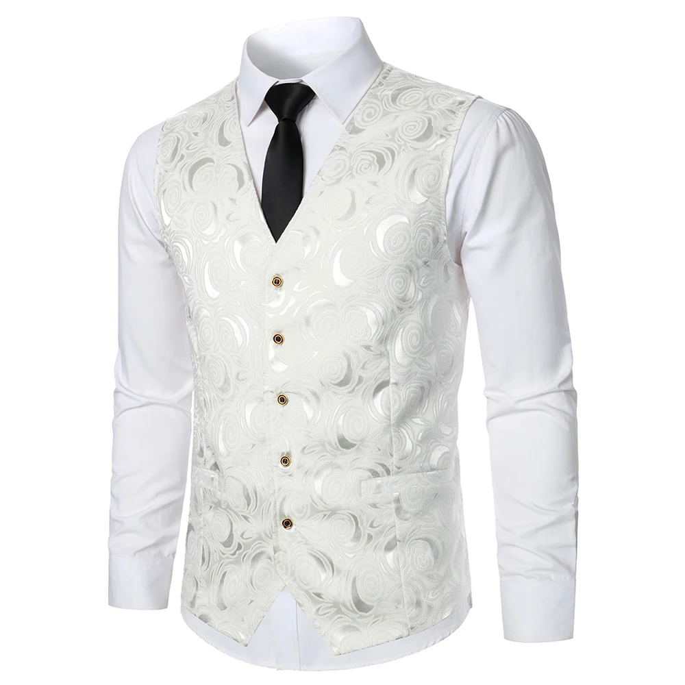 Chaleco de traje para hombre, abrigo de tela Jacquard brillante con patrón de rosas, diseño de lujo, informal, a la moda, ajustado