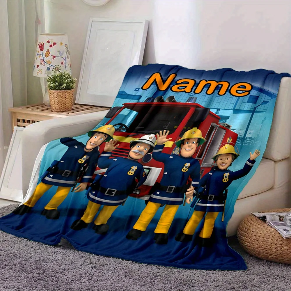 1 personalized firefighter Sam fire truck blanket with customized name soft flannel cover blanket, suitable for boys