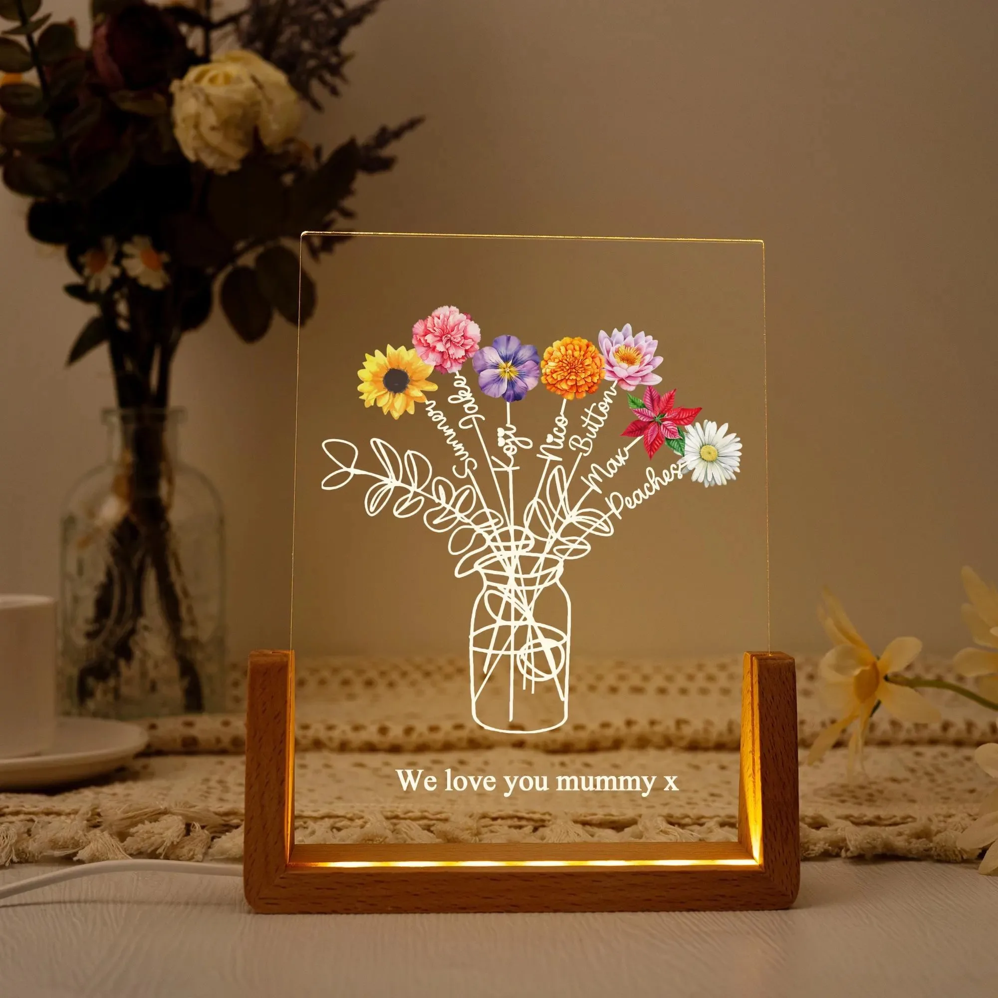

Personalized Family Flower Night Light Custom Family Names Creative Bouquet Pattern Acrylic Light Mothers Day Gift For Mom