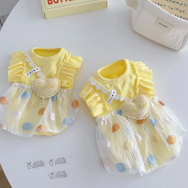

Yellow Summer Pet Lace Dresses Puppy Dot Skirt Suspender Dress Pet Clothing Dog Cat Anti-Hair Loss Summer Love Princess Dress