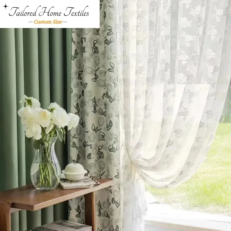 

Curtains for Living Dining Room Bedroom French Retro Homestay Fresh Rose Flower Cloth Ins Solid Color Stitching Custom Size