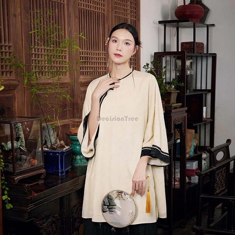 2024 new chinese vintage traditional jacquard qipao round neck diagonal buckle loose dress chinese women daily elegant wearing