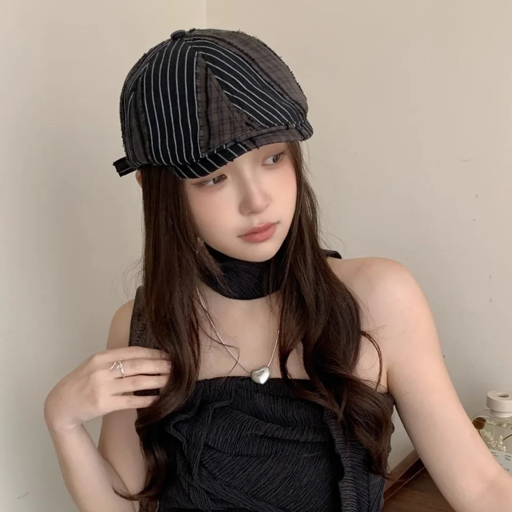 

Soft Forward Cap Plaid Berets Korean Style Y2k Newsboy Caps Flat Face Slimming Painter Hat Ladies