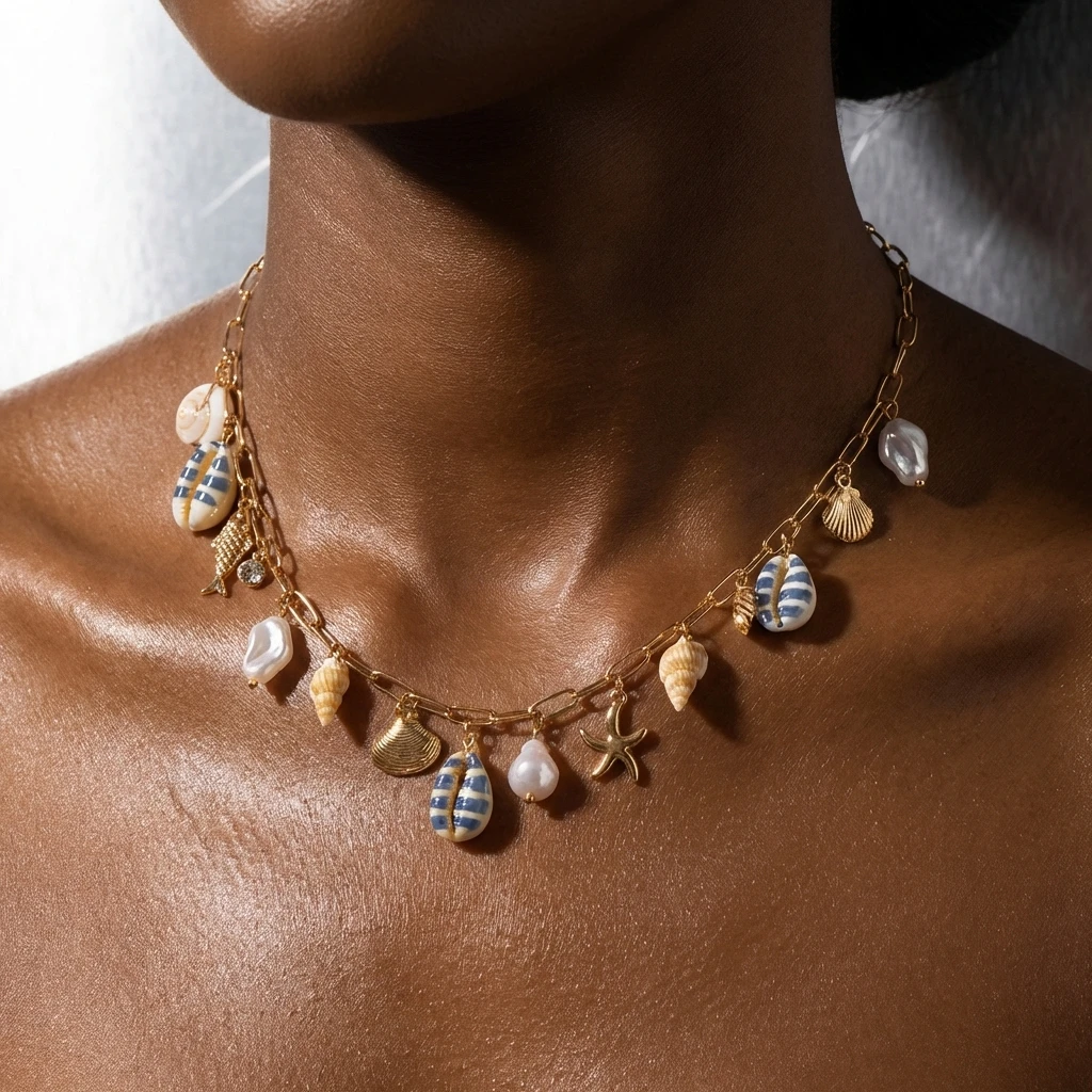 Bunte Muschel-Anhänger-Halskette für Damen, Bohemian Ocean Serie, Fisch, Seestern, Muschel, Schildkröte, Sommer-Schmuck – Detail 1