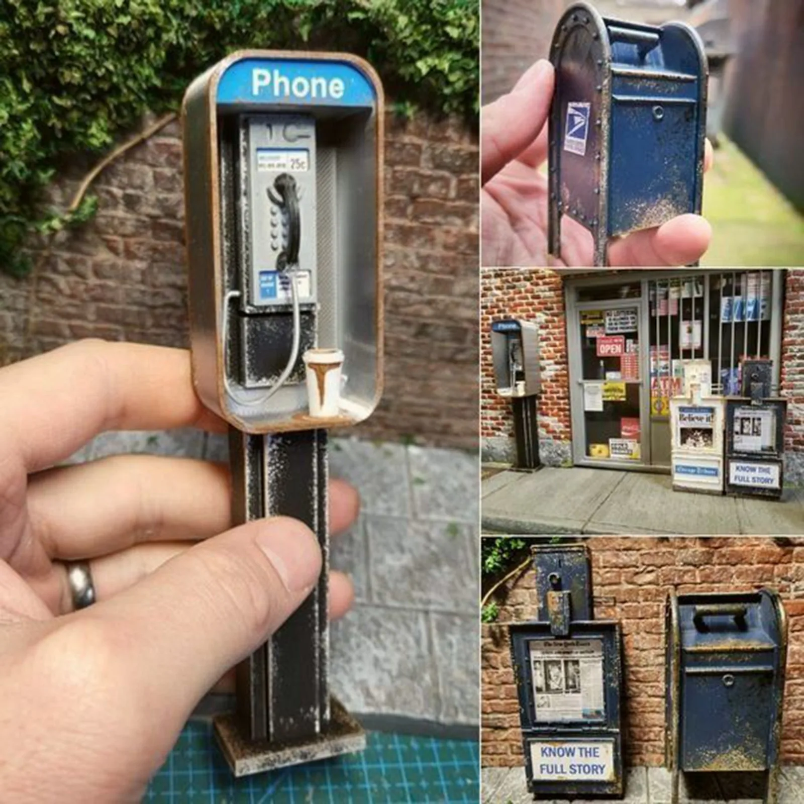 Handmade Miniature American Payphone In 1:12 Scale Vintage Miniature Payphone Booth Mailbox Model Decoration Miniature Dollhouse