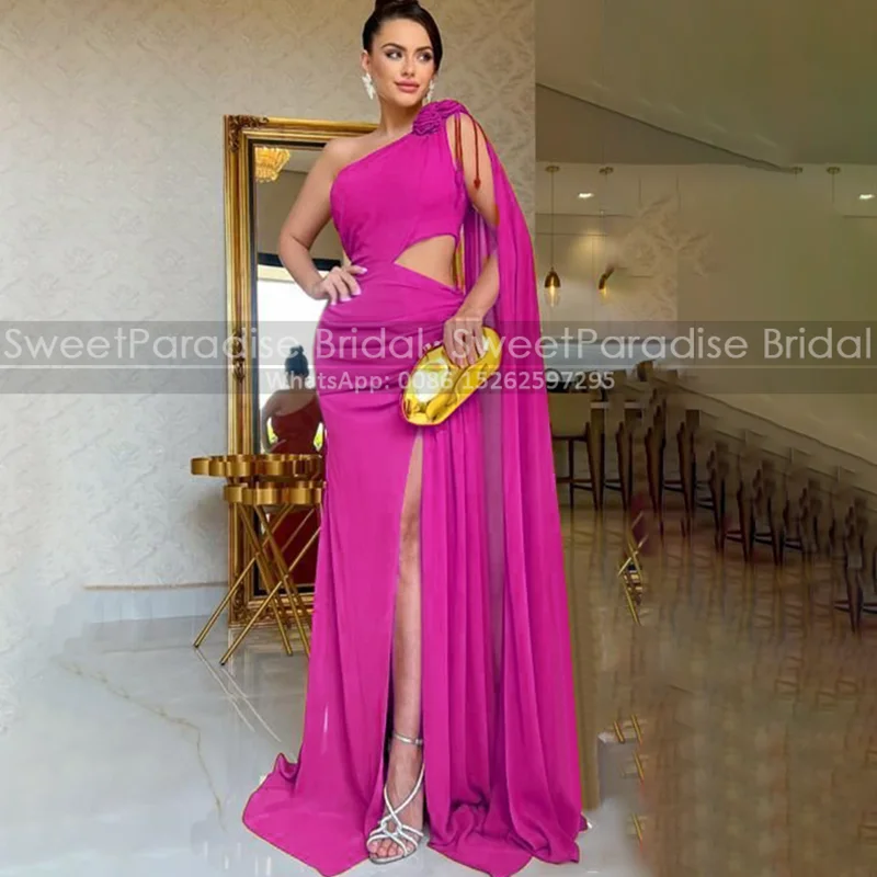 

One Shoulder Long Evening Dress Mermaid Side Split Cut-Out Waist Chiffon Customized Sheath Prom Dresses Party For Women