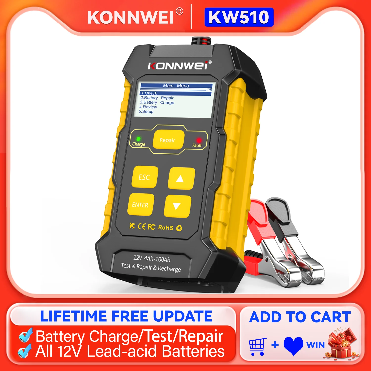 

KONNWEI KW510 Car Battery Tester Full Automatic 12V Pulse Repair 5A Battery Chargers Cranking AGM Gel Car Repair Tool PK BM550