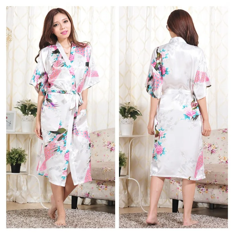 

Women's long printed peacock peony nightgown Women's summer Cardigan thin satin satin Japanese kimono robe