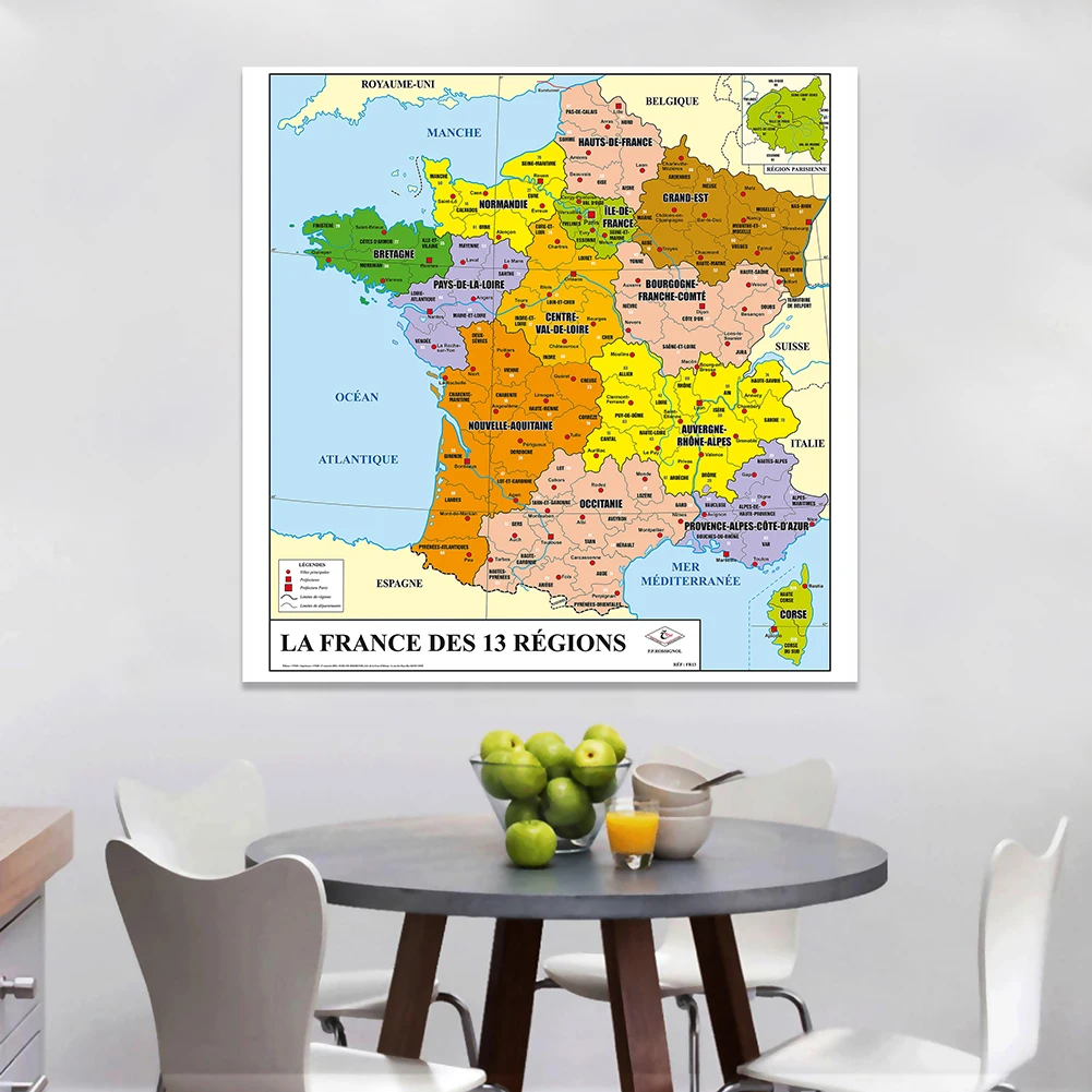 Imagem -04 - França Mapa em Francês Vinyl Wall Poster Pintura Non-woven Canvas Classroom Home Decoração Escola e Material de Escritório 150x150cm a