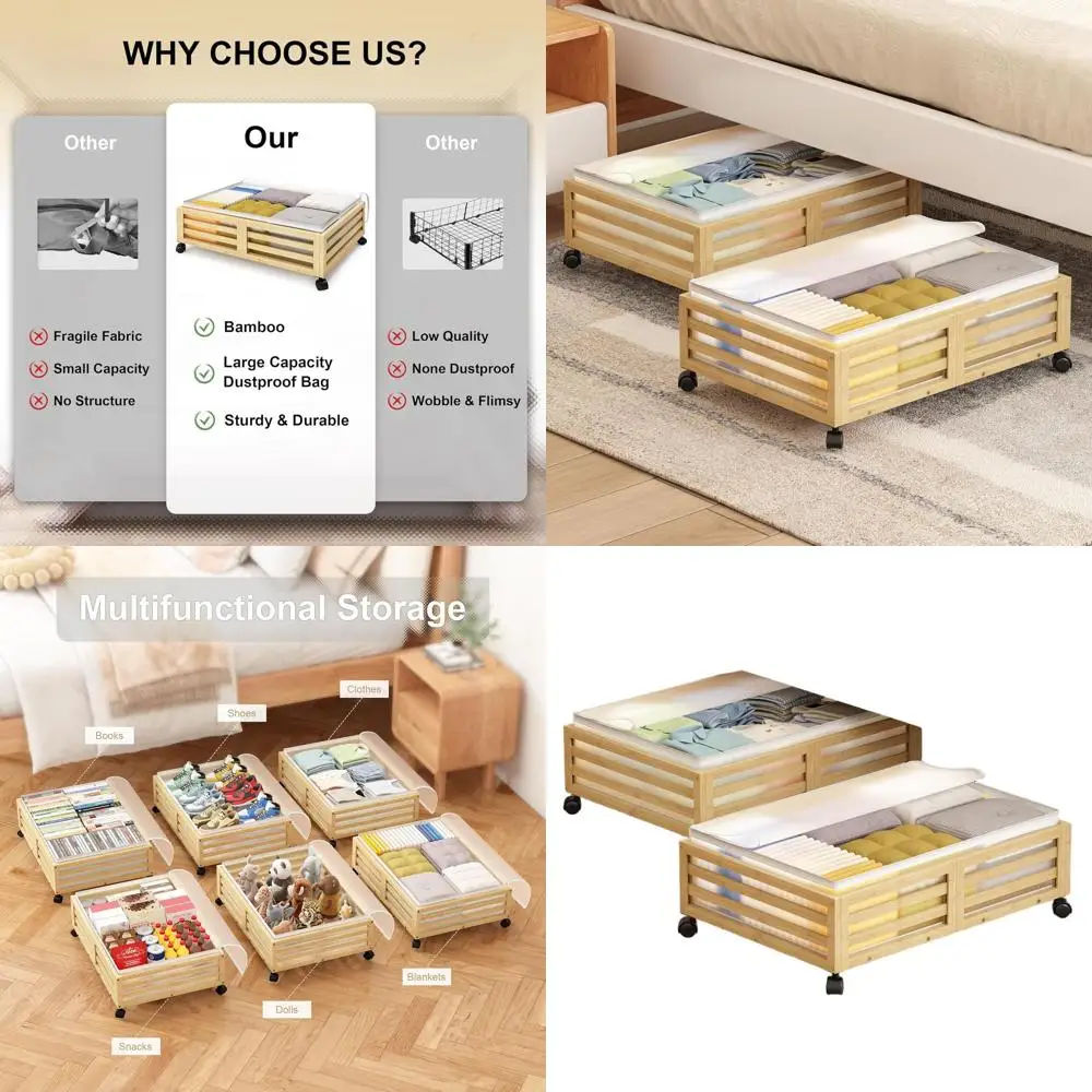 

Корзины для хранения под кроватью из бамбука с пылезащитными крышками для обуви, одежды и игрушек (2 шт., натуральный цвет)