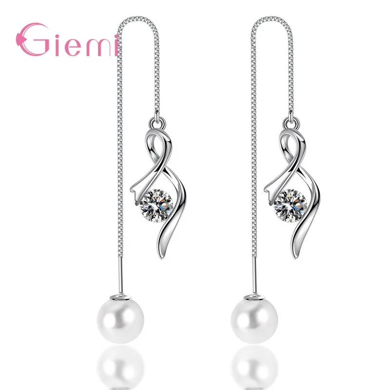 Pure 925 Sterling Silver Drop Earrings Elegant Pearl Zircon Long Tassel Ear Line for Women Girls Wedding Party Fashion Jewelry