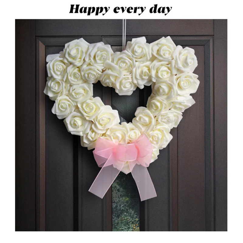 A59E-발렌타인 데이 하트 모양의 화환 꽃 장미 화환 문 화환 발렌타인 데이 장식, 흰색, 13.77 인치 Durab
