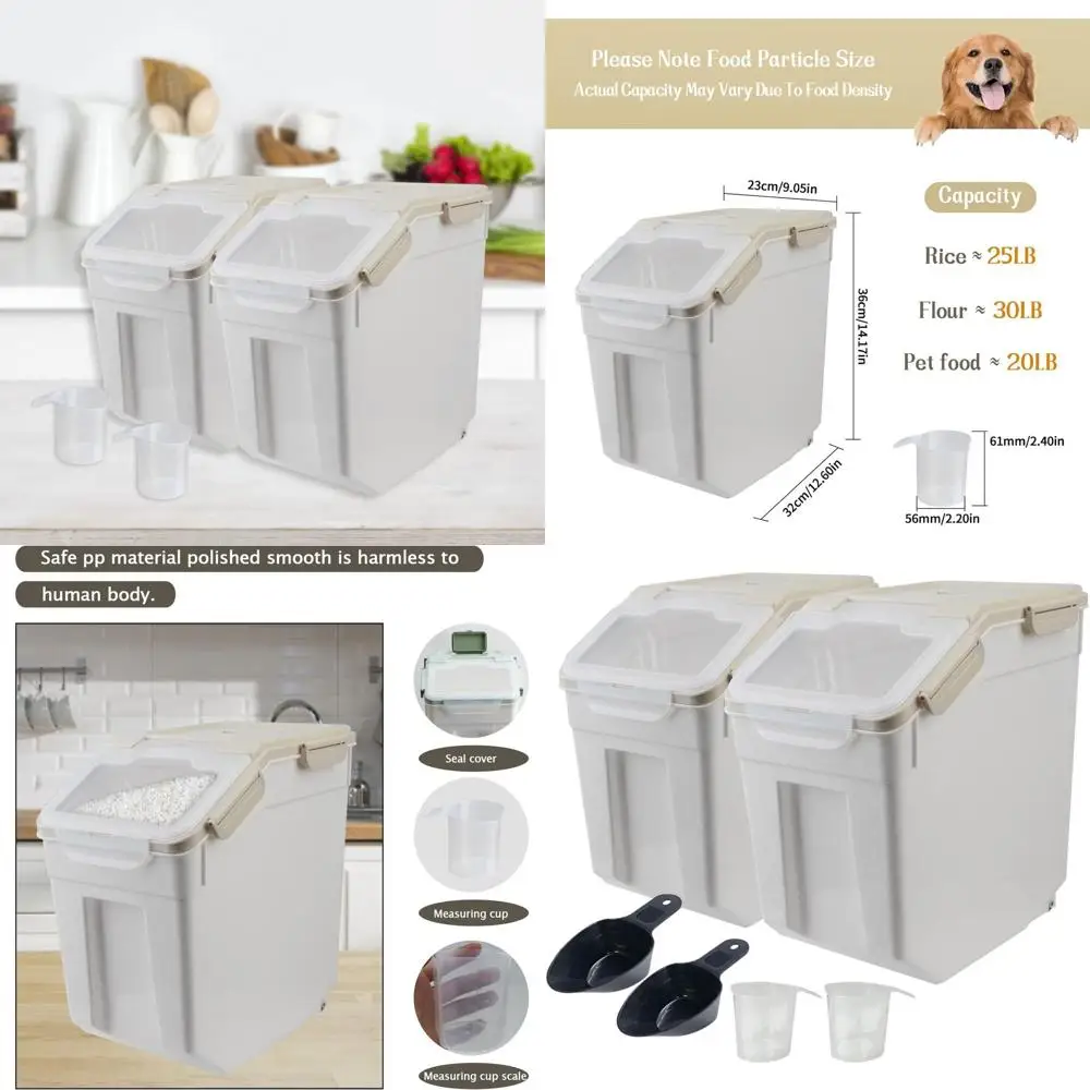 

25 lb Capacity 2-Pack Flour and Rice Storage Bin with Measuring Cup, BPA-Free Dispenser, Ideal for Dry Goods and Pet Food, Kitch
