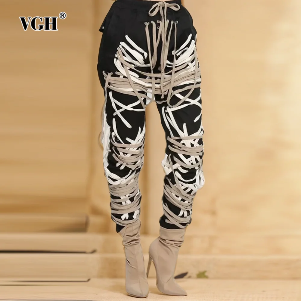 

VGH Solid Patchwork Bandage Cross Straight Trousers For Women High Waist Spliced Pockets Streetwear Pants Female Fashion Style