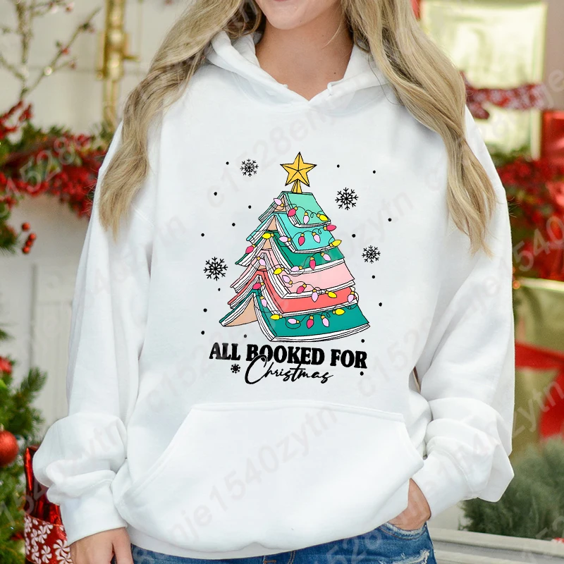 Women Fashion Hoodie All Booked For Christmas Print Hooded Pullover Casual Outdoor Pocket Long Sleeve Sweatshirts Pure Color Top