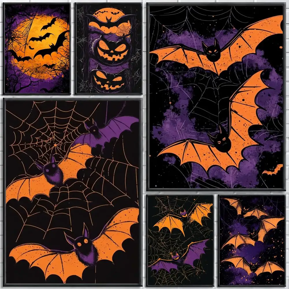 Halloween Bat and Jack O lantern Painting Calligraphy Canvas Poster Wall Art for Bedroom Living Room Home Decor Gift