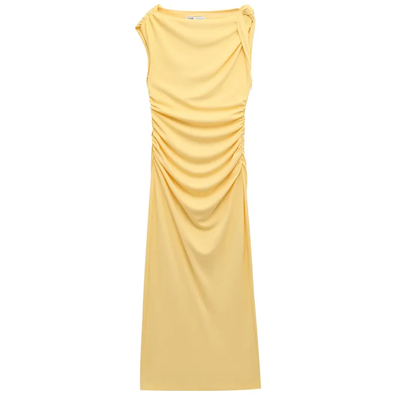 HXAO Yellow Women's Dress Sleeveless Asymmetrical Long Dresses Women Ruched Bodycon Party Dresses Woman Slit Elegant Midi Dress