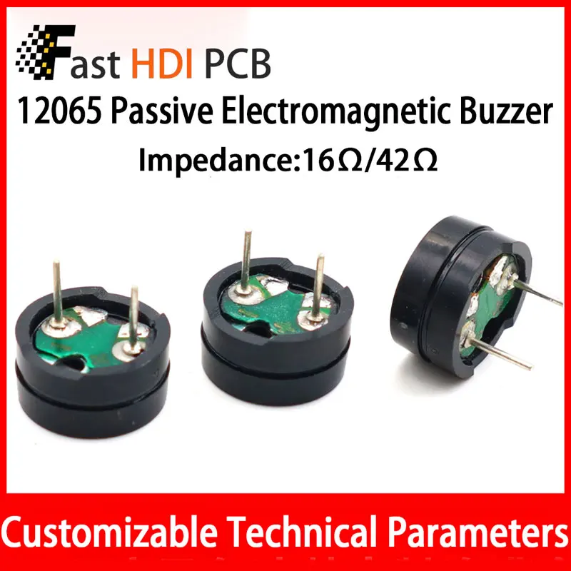 [分割型] HC-12065 パッシブ磁気ブザー 12x6.5mm-16Ω/42Ω交流、連続音出力、超薄型設計、外部ドライバ回路必須