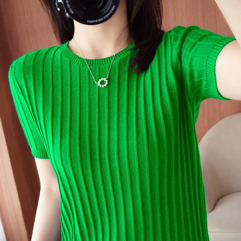 2023 Summer New Loose Thin Style Round Neck Short Sleeve T-shirt Women Fashion Vintage Elegant Screw Thread Knitting Pullovers