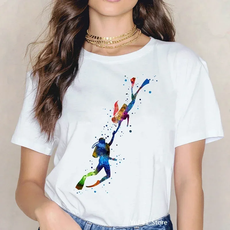 Watercolor Scuba Diving Lover Printed Sports Art Tee Shirt Femme Cute Summer Top Woman Clothes Ropa Mujer Custom Tshirt