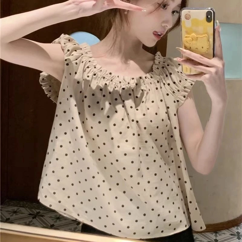 Korean Temperament Polka Dot Loose Blouse Summer New Thin Short Sleeve Print Youth Fashion Shirt Ops Casual Sweet Women Clothing