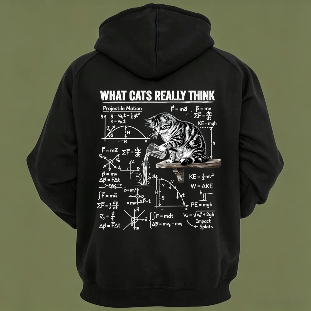 What Cats Really Think Hoodie Funny Cat Physics Science Nerd Graphic Sweatshirt Black Casual Pullover Winter Jumpers Men's Tops