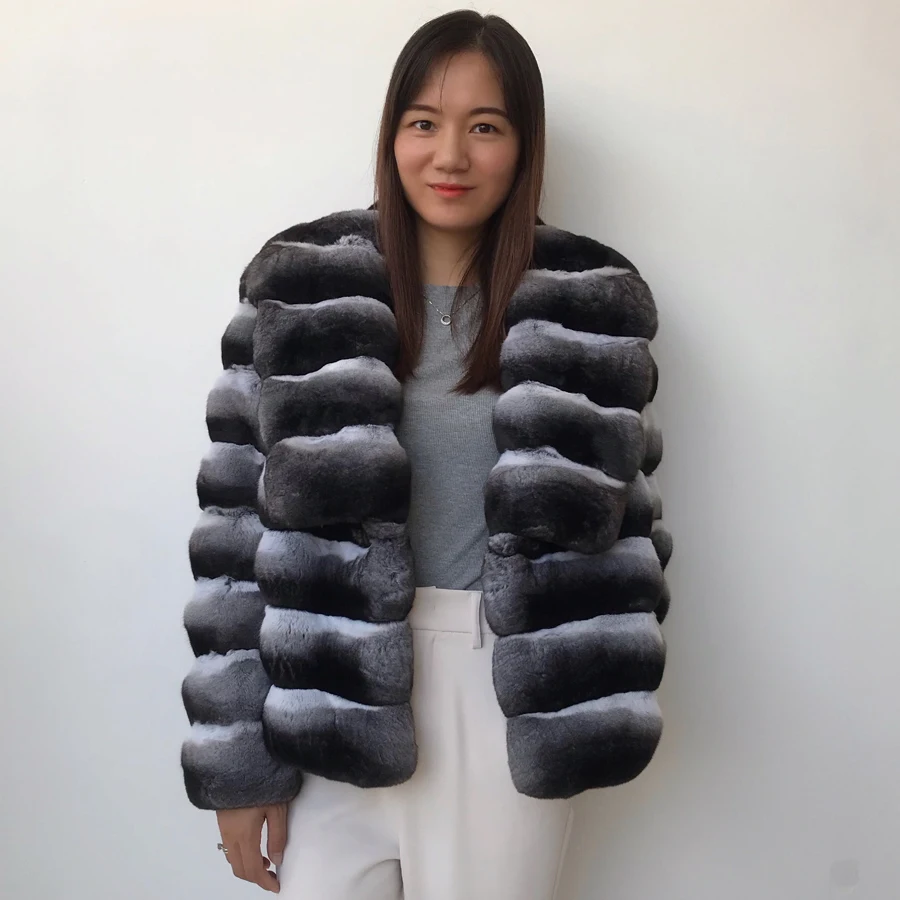 Real Rex Rabbit Fur Coat Winter Jackets For Women Chinchilla Colour Short Natural Rabbit Fur Jacket