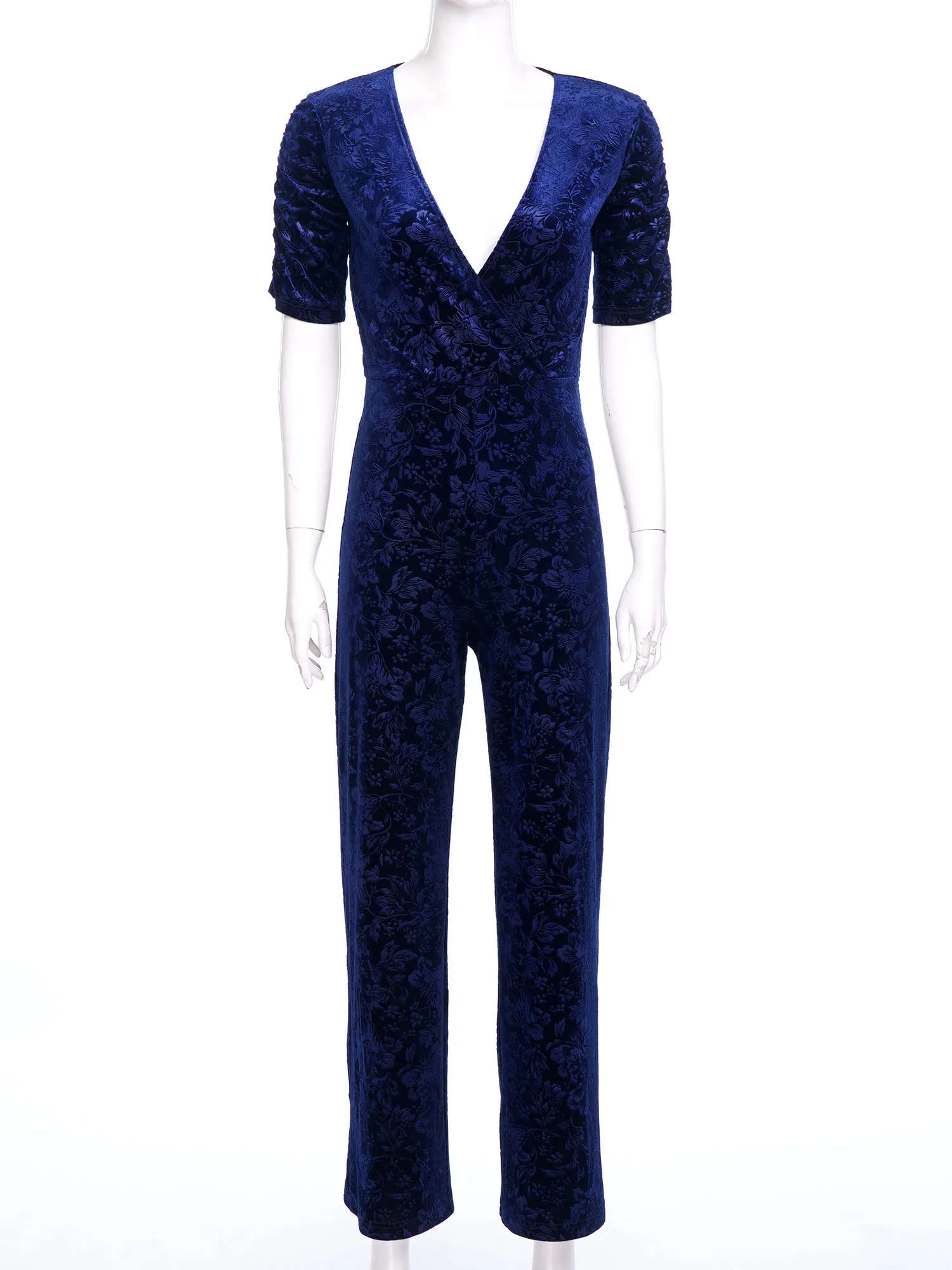 섹시한 랩 V넥 여성용 자카드 스트레이트 바지 롱 팬츠 원피스 점프수트 벨벳 플로럴 파티 롬퍼스 축제 의상