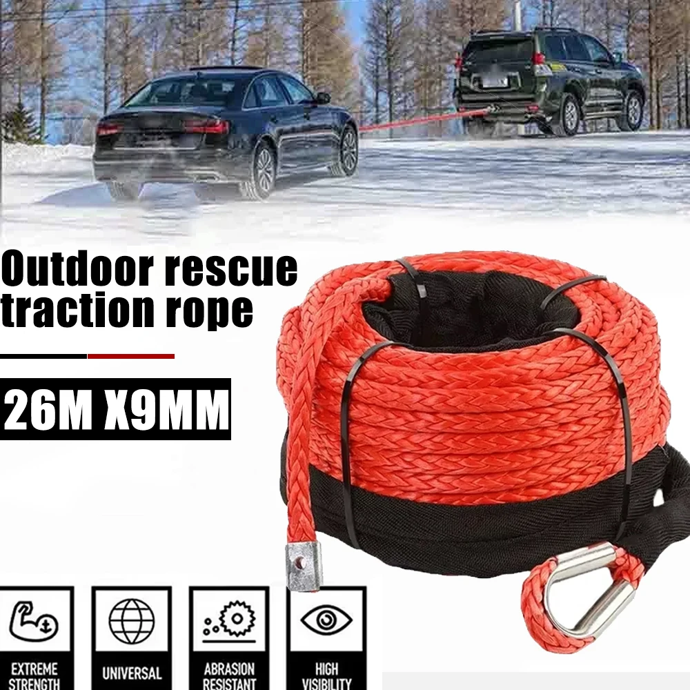 Car Trailer Rope Off road 26mx9mm 26500LBS Synthetic Winch Rope Automotive SUV Tow Strap 4x4 Offroad Accessories