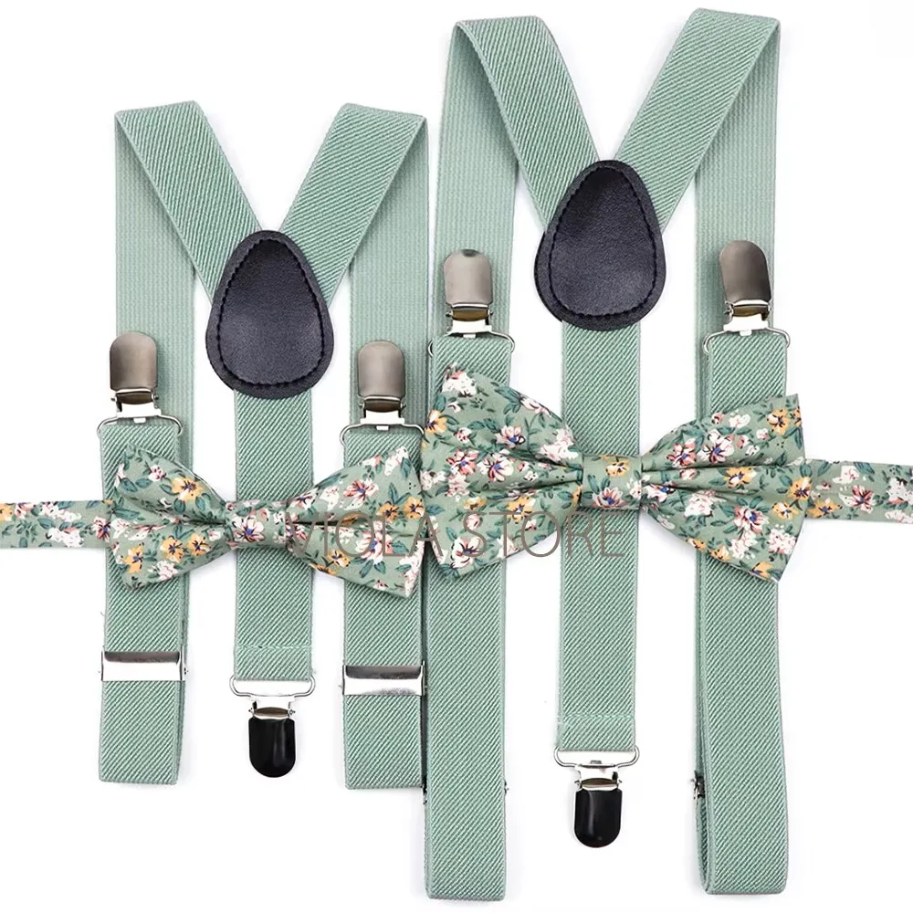 Masculino crianças sage verde gengibre roxo elástico suspender floral algodão bowtie conjunto festa de casamento feminino diário borboleta cinta