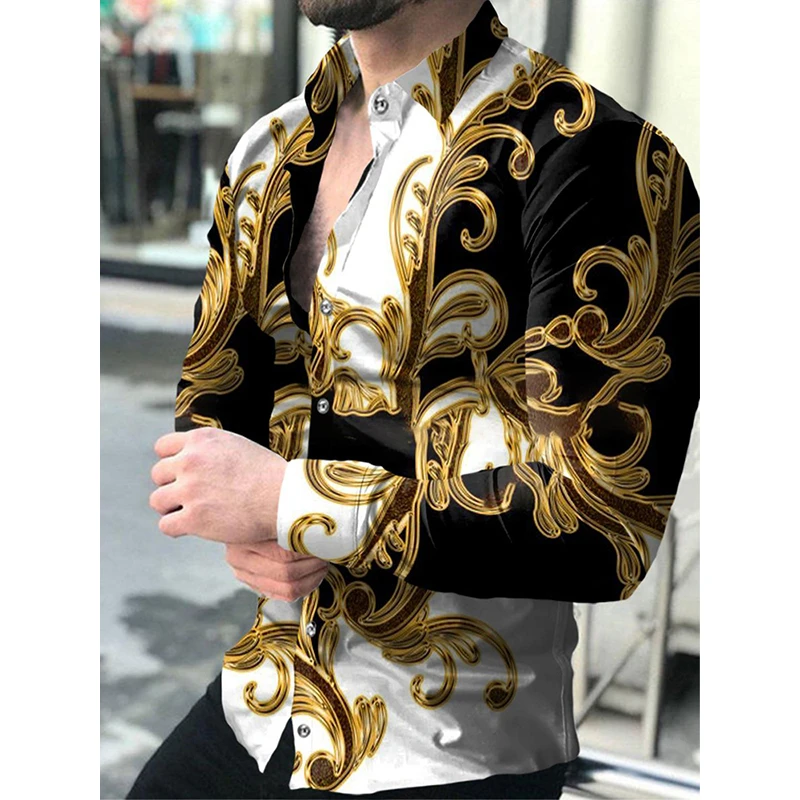 Fashion Luxury Social Men Long Sleeve Shirts Turn-down Collar Buttoned Shirt 2023 Mens Party Clothing Casual Flower Print Tops