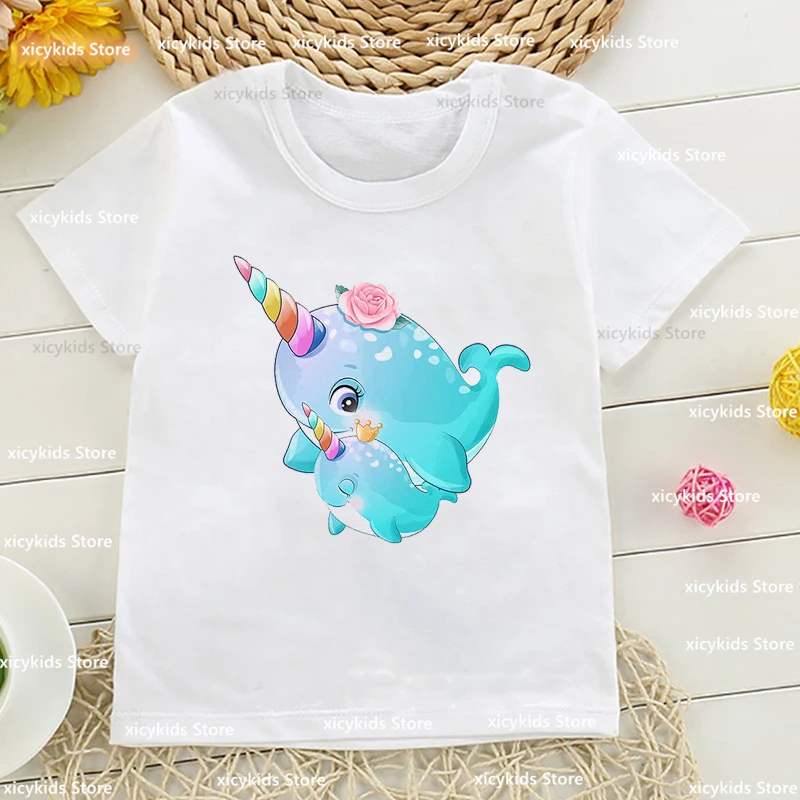 Kawaii Girl T-Shirt Cute Unicorn Dolphin Animal Print Children'S Clothing Tshirt Fashion Harajuku GirlS Clothing Pink shirt