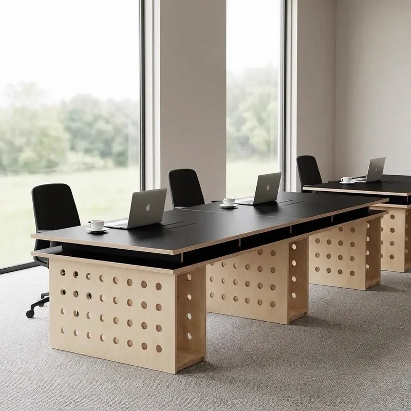 Modern Simple Solid Wood Rectangular Conference Table with Storage Hole Multi Functional Long Desk for Office Meeting