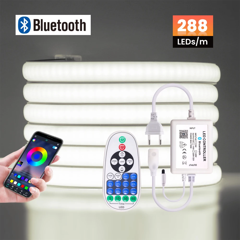 Bluetooth COB LED Neon Strip 220V EU Plug Flexible Ribbon Tape Rope Light 288Leds/m RA90 Waterproof High Density Linear lighting