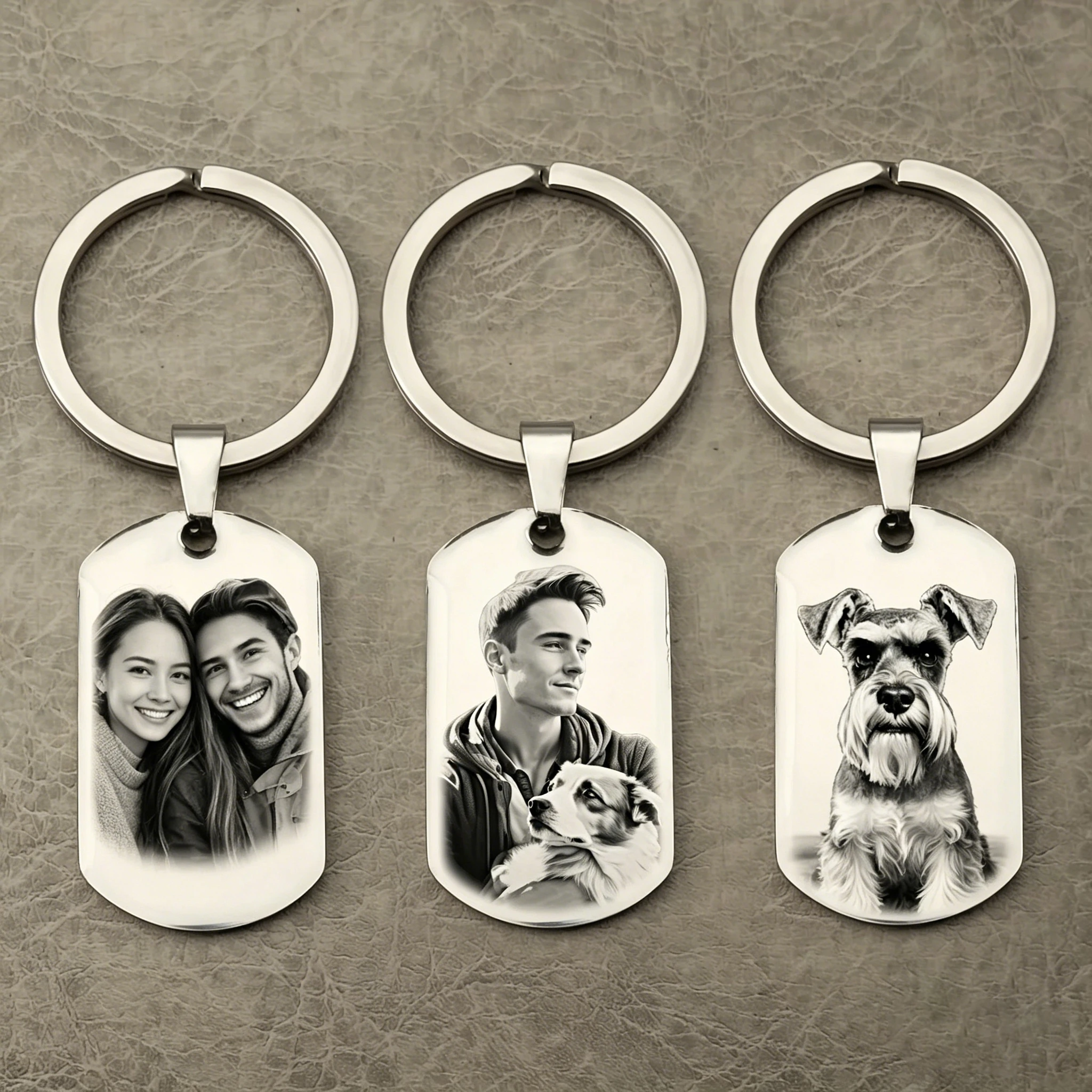 Porte-clés personnalisé gravé avec photo, en acier inoxydable, porte-clés en forme de médaille pour chien, gravure au laser sur métal, portrait d'animal de compagnie, cadeau photo pour couple