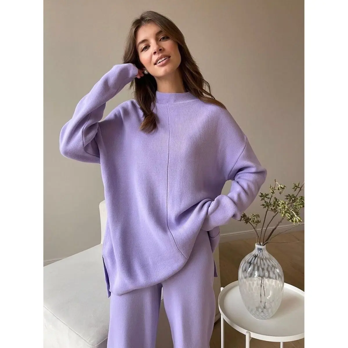 2025 خريف شتاء جديد المرأة مجموعة الخريف النمط الأوروبي الساخن موضة عادية فضفاض بنطال ذو قصة أرجل واسعة البلوز قطعتين مجموعة