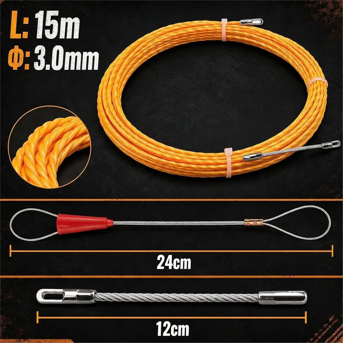 Electrical Fish Tape 15m (49ft), 3.0mm Wire Puller and Wire Snake for Running Wire Through Walls, Cable Pulling Tools
