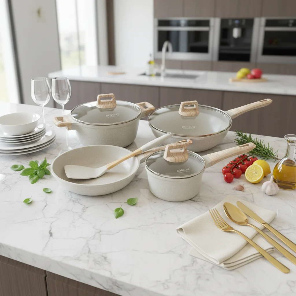 Beige Modern Cookware Set Non-Stick Casserole Aluminium Fry Pan Glass Lid Sauce Pan Durable Eco-Friendly Healthy Home 8-Piece