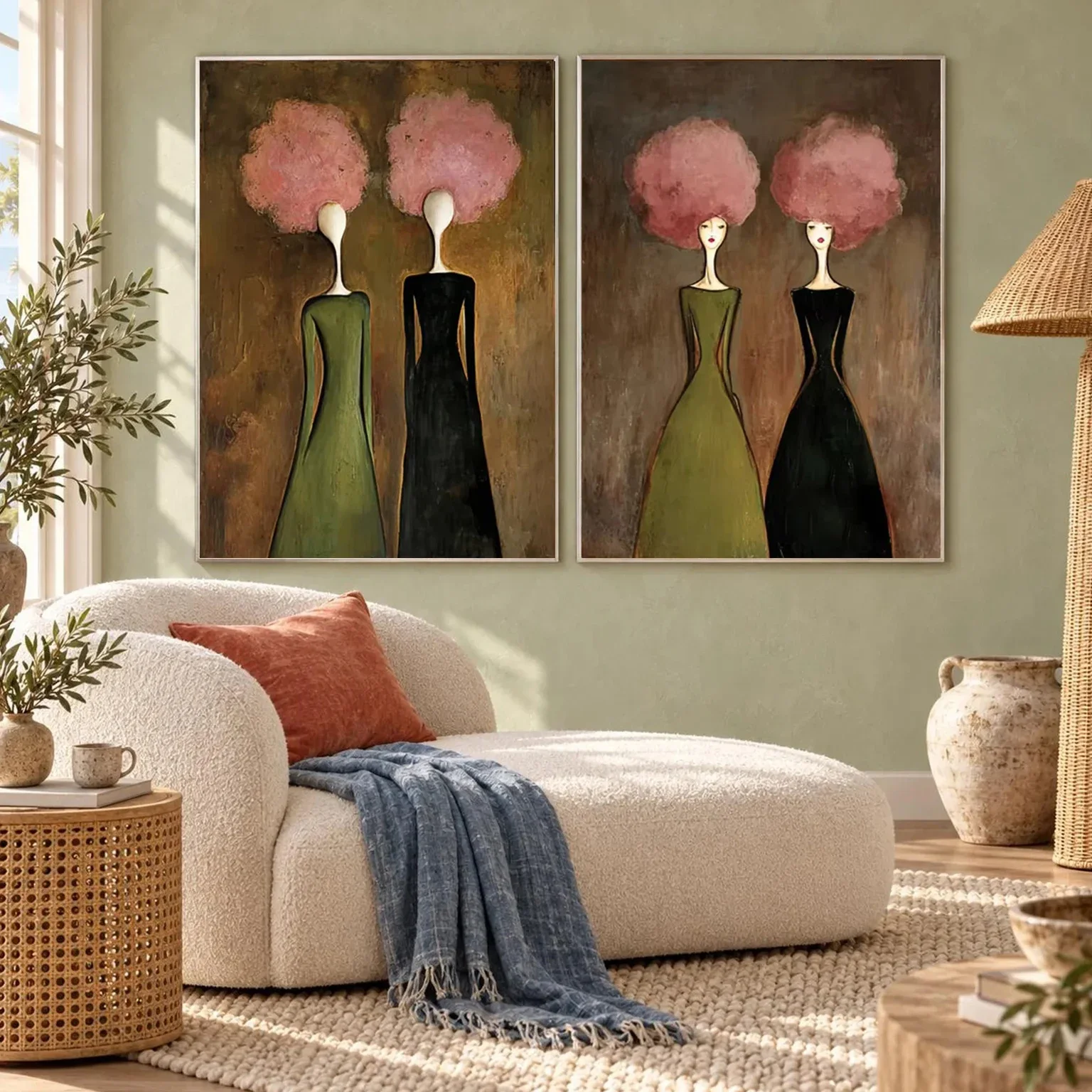 Multi-size 1PC frameless high-definition decorative paintings,Mid Century Modern Abstract Two Women With Pink Floral Head Art Po