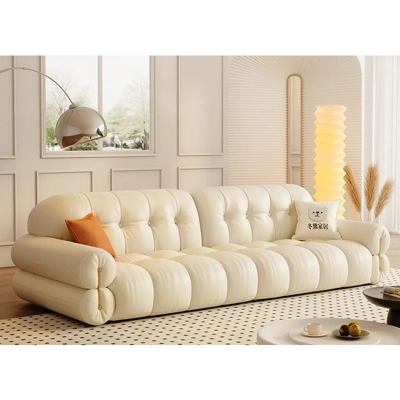 Winter bear marshmallow cloud sofa, French cream style living room small apartment light luxury white piano key leather sofa