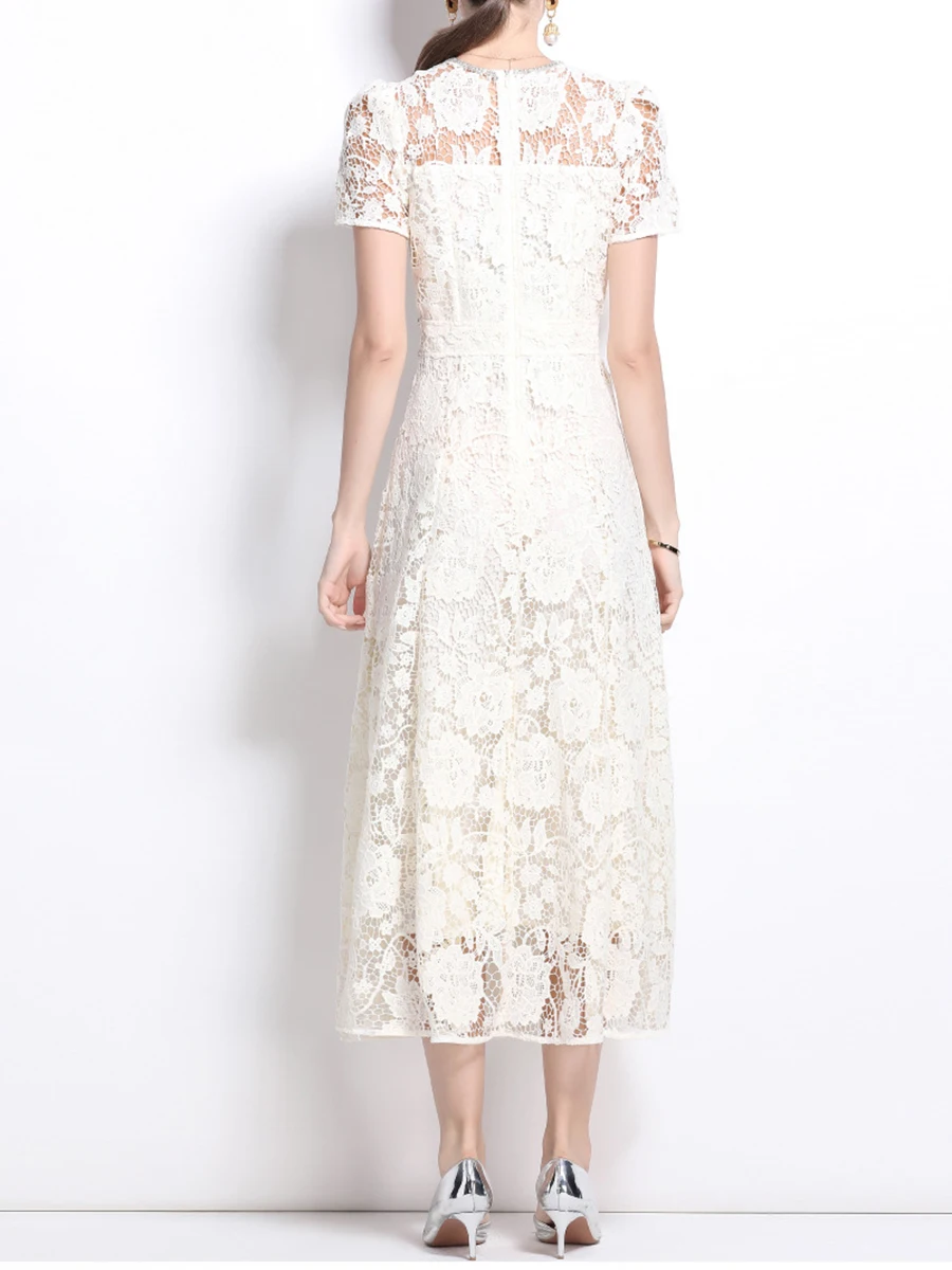 VGH 固体痩身中空レースドレス女性のためのラウンドネック半袖ハイウエストスプライシングボタン甘いドレス女性スタイル